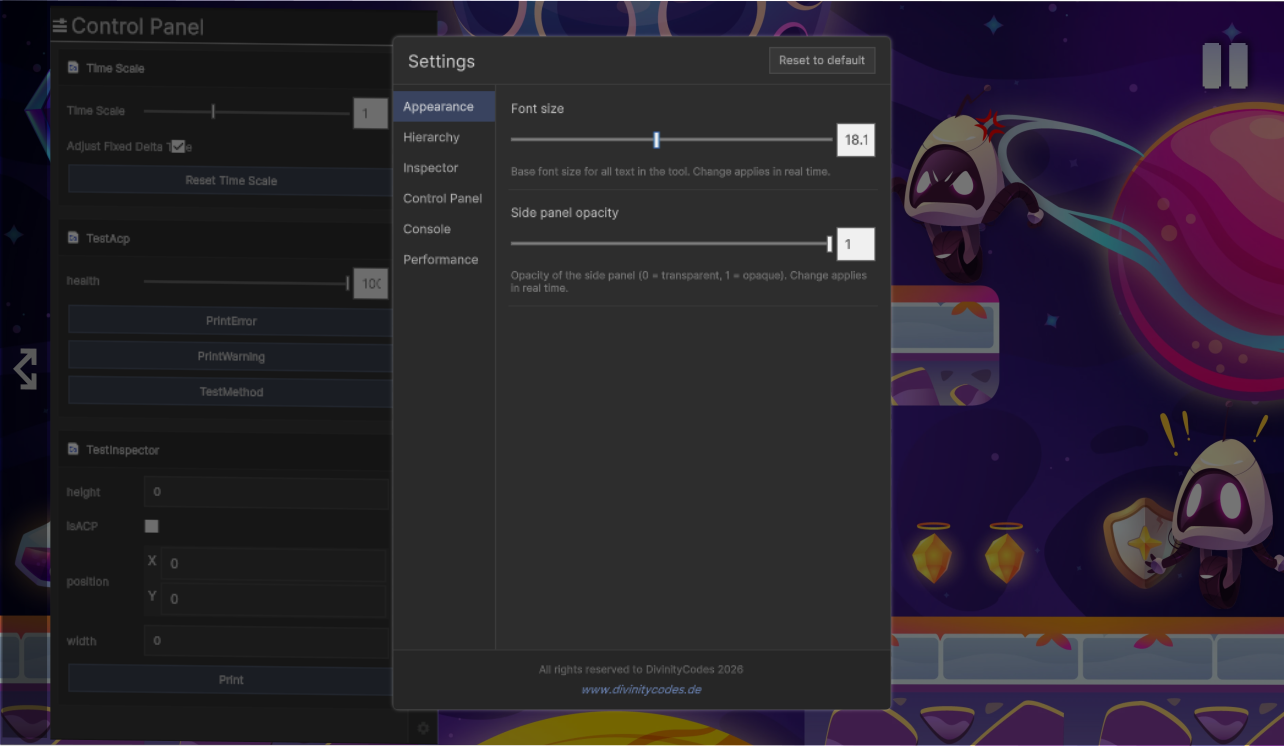 DebugKit settings panel for runtime customization