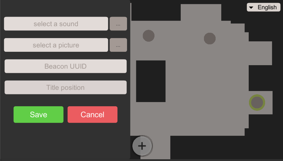 Admin app split view — beacon form and museum map with selected beacon