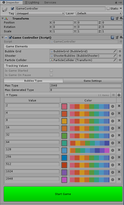 Unity Inspector — GameController: bubble types, merge rules, and configuration