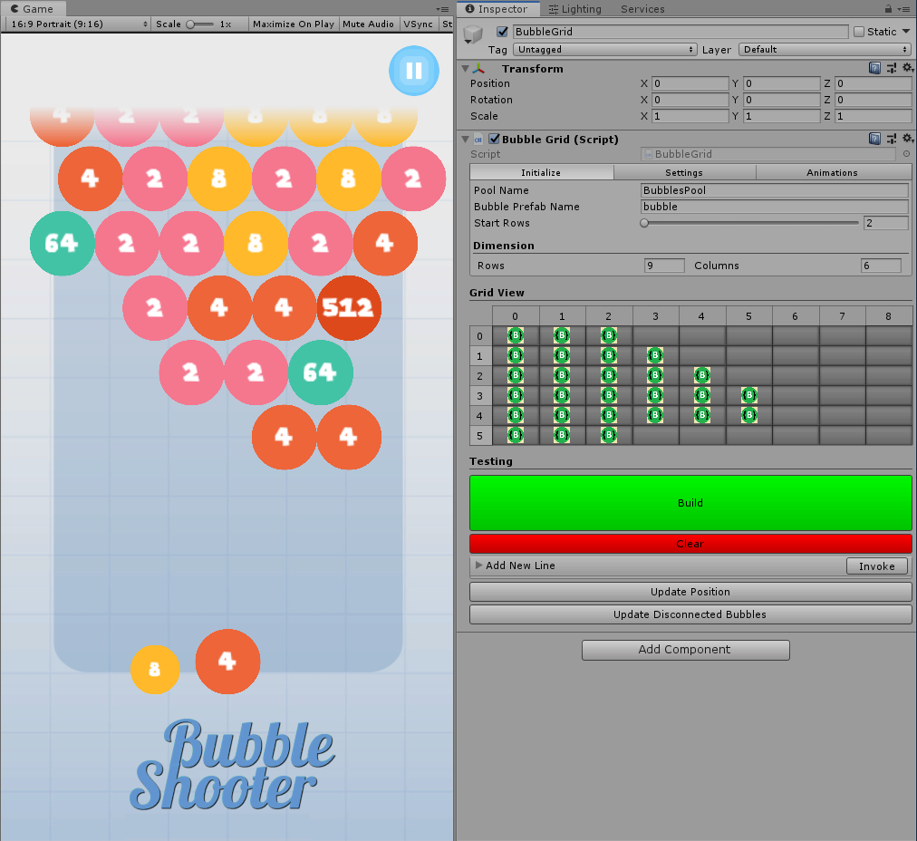 Unity Inspector — BubbleGrid Initialize tab: pool, prefab, rows, dimensions, and grid preview