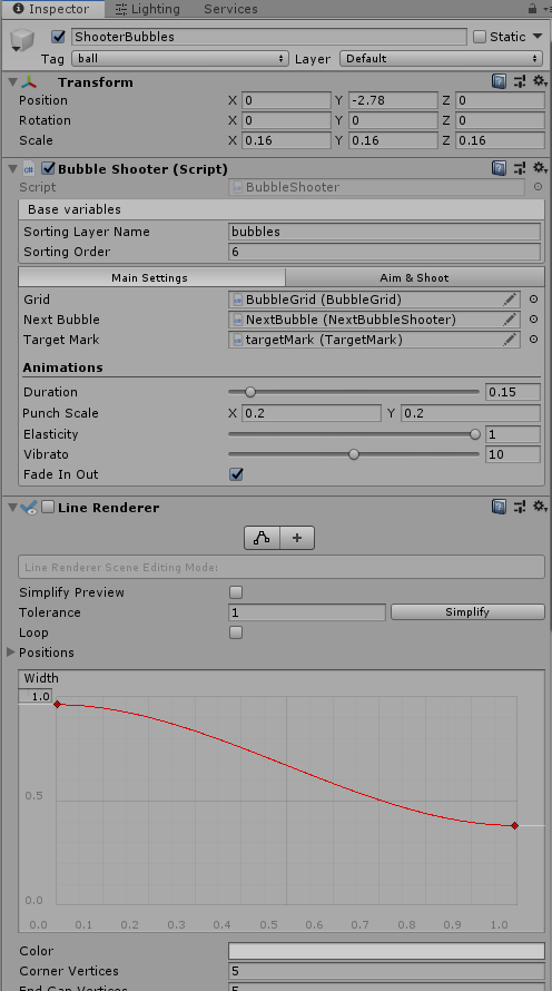 Unity Inspector — BubbleShooter: grid references, animations, and line renderer for aiming