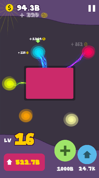 IdleGame CirclesVsBlock — gameplay with circles, central block, currency, and upgrade UI
