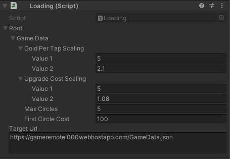 Unity Inspector — Loading script: remote GameData URL and gold / upgrade scaling parameters