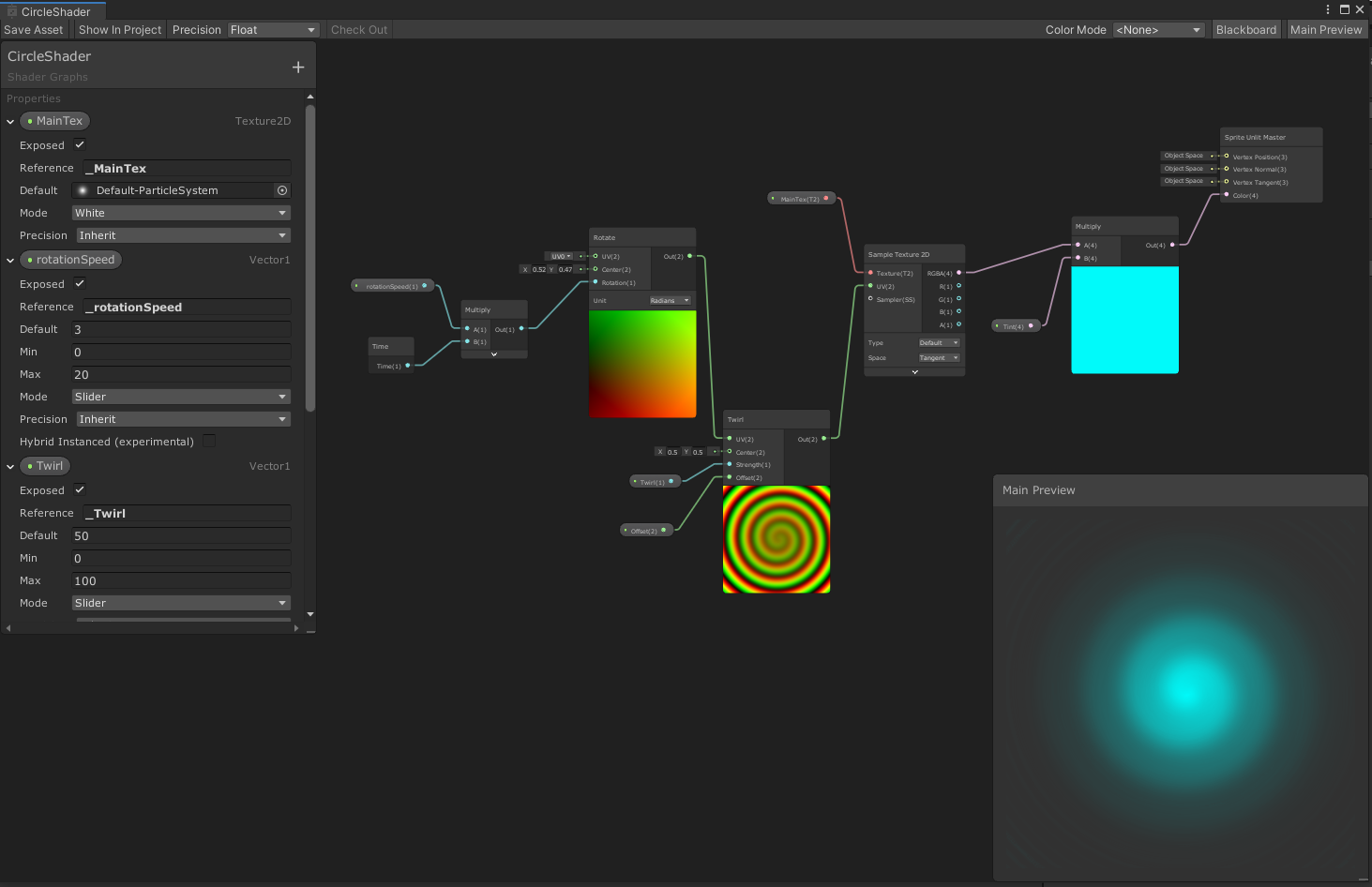 Shader Graph — CircleShader: rotation, twirl, texture sample, tint, and sprite unlit output