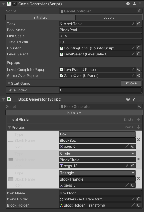 Unity Inspector — Pig Stack GameController: Initialize tab with tank, pool, win timer, and popups