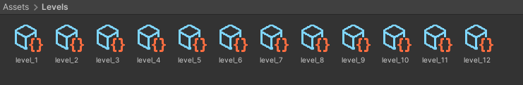 Unity Project window — twelve Level scriptable object assets in the Levels folder