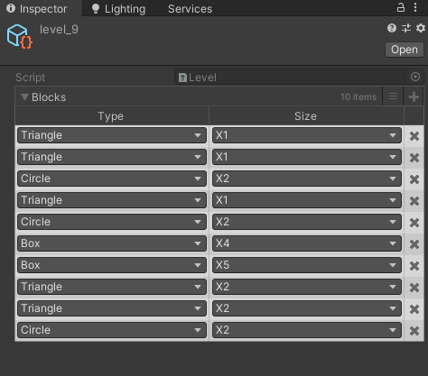 Unity Inspector — Level asset: ordered list of block types and sizes for level layout