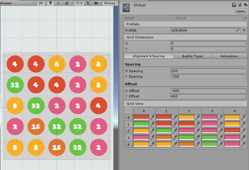 Global ScriptableObject — grid dimension, spacing, offset, and 5x5 color layout editor beside scene view