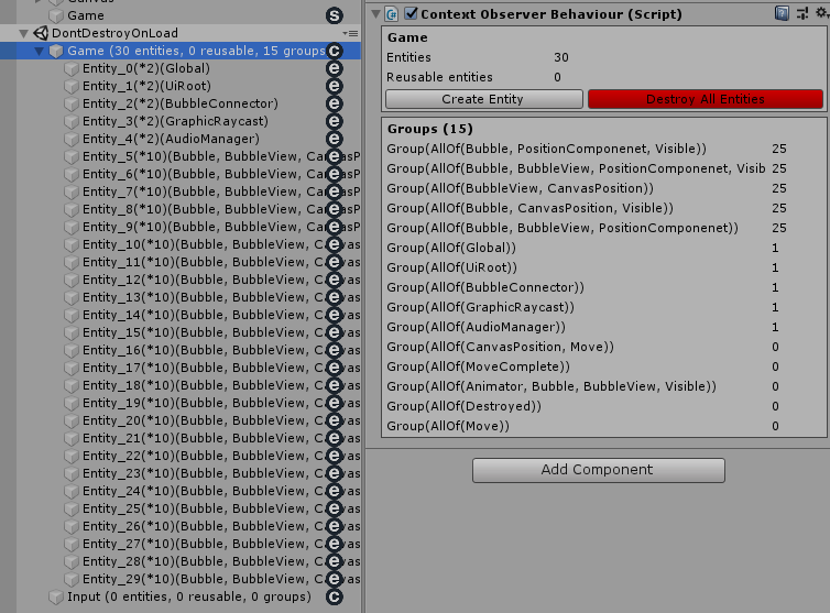 Hierarchy and Context Observer — Game context with entity count and Entitas groups