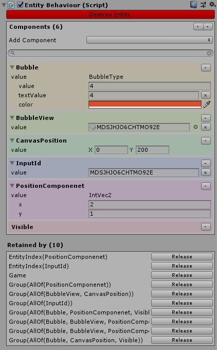 Entity Behaviour inspector — components on a bubble entity and retained-by references