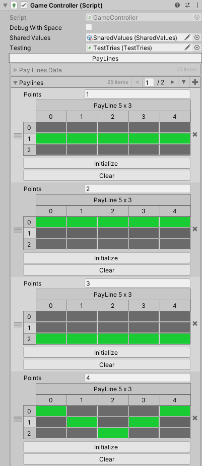 Unity Inspector for Game Controller script — payline list with 5x3 grid editors and pagination