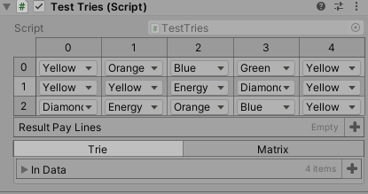 Test Tries inspector with 5x3 symbol matrix and result pay lines section