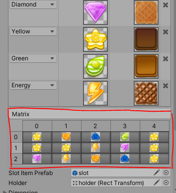 Unity Inspector showing matrix grid of slot symbols for debugging