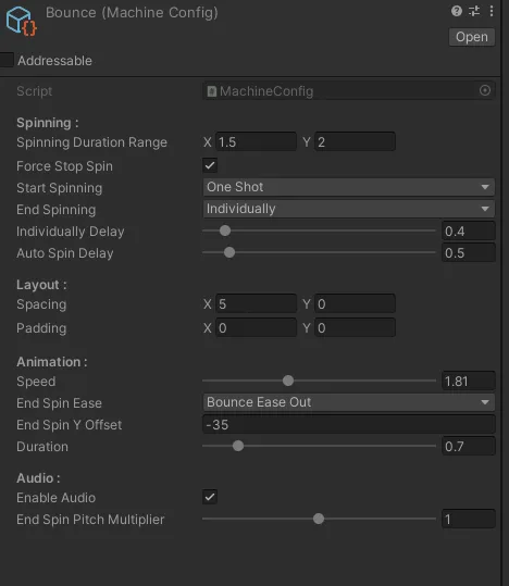 Unity Inspector for a Bounce machine config ScriptableObject — spinning, layout, animation, and audio fields