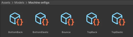 Project window showing machine config ScriptableObject assets: BottomBack, BottomElastic, Bounce, TopBack, TopElastic