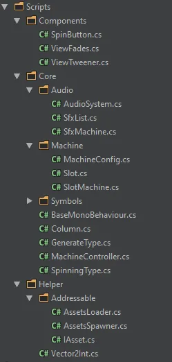 Unity Project window showing Scripts folder structure: Components, Core (Audio, Machine, Symbols), Helper, and MachineController