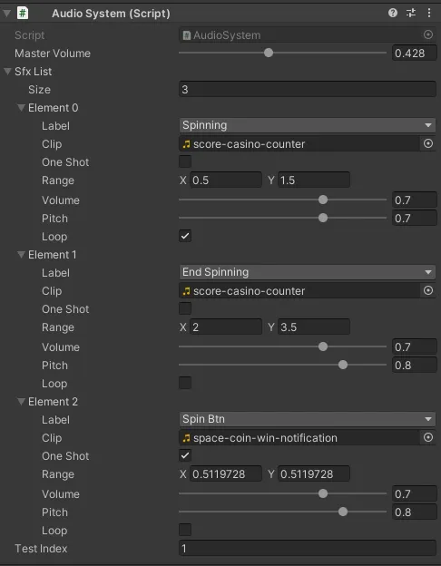 Unity AudioSystem inspector with SFX list entries for Spinning, End Spinning, and Spin Btn using sliced clip ranges