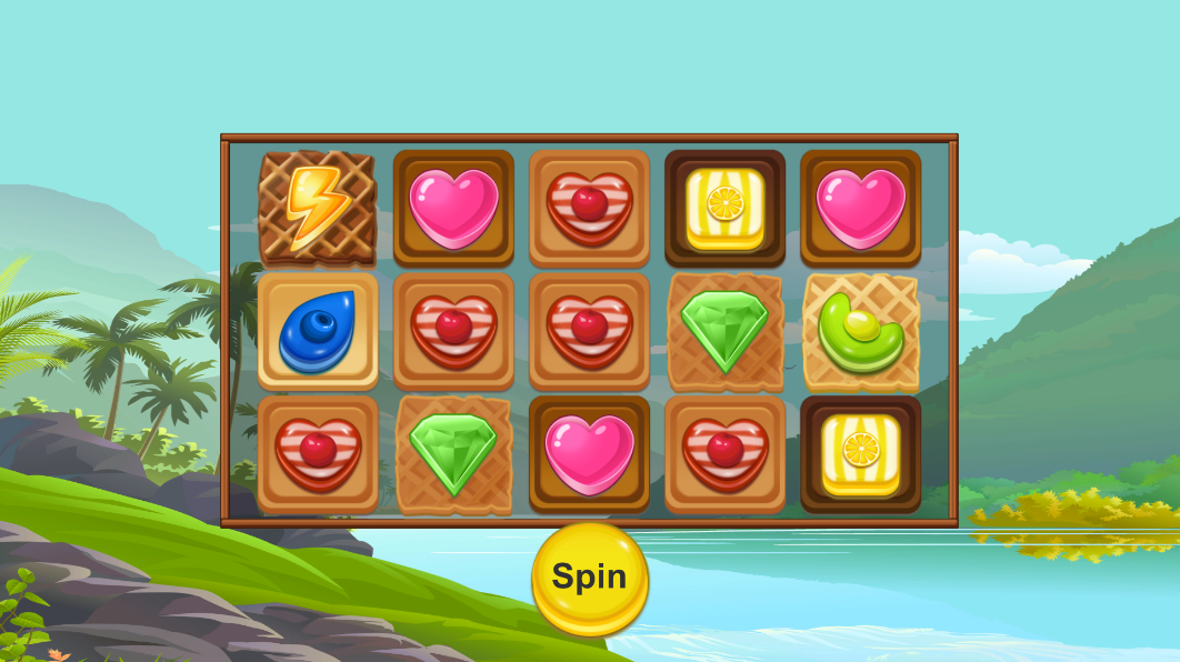 Slot machine reels mid-spin with motion blur over a tropical background
