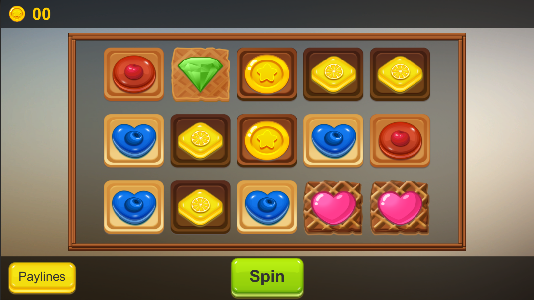 In-game slot grid with a highlighted cyan payline across symbols