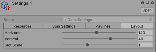 Layout tab with horizontal, vertical, and slot scale sliders