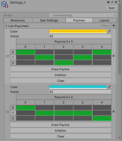 Paylines tab with 5x3 grid editors and color-coded payline definitions