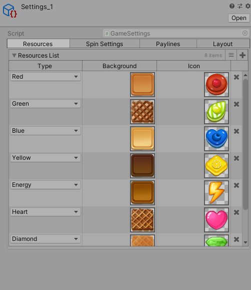 Slot Machine script Resources tab with type, background, and icon columns