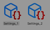 Unity Project window showing Settings_1 and Settings_2 ScriptableObject assets
