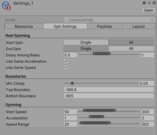 Slot Machine script Spin Settings tab — blur, tiling, spin speed, easing, and Y position parameters