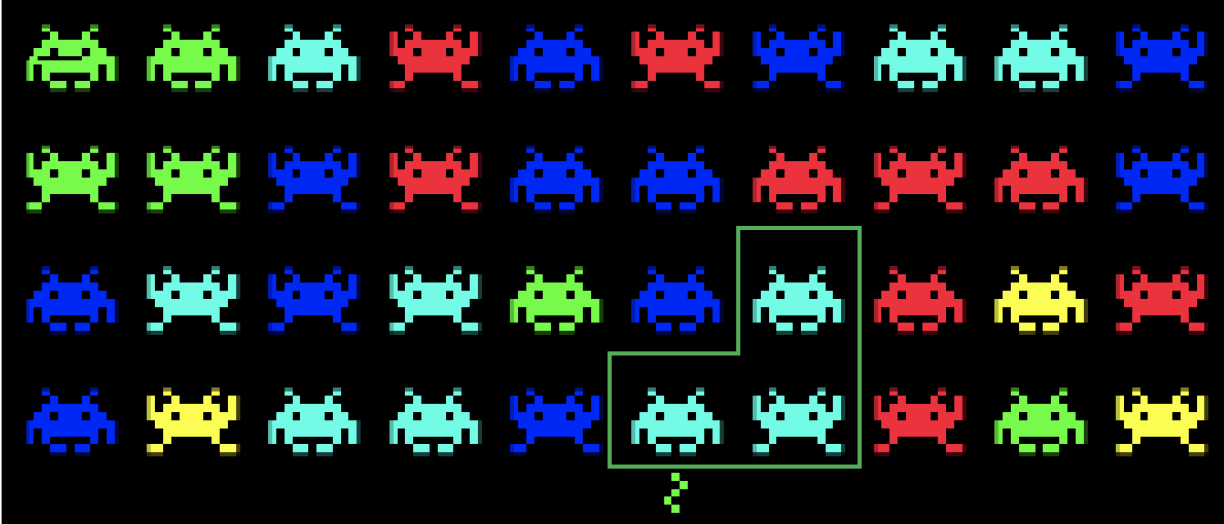 Space Invaders style grid with colored aliens; a group of connected cyan enemies is highlighted to show chain destruction